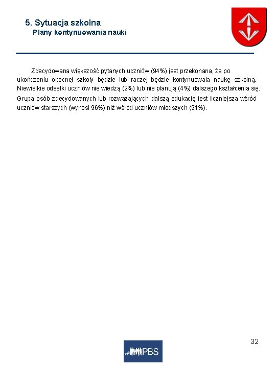 5. Sytuacja szkolna Plany kontynuowania nauki Zdecydowana większość pytanych uczniów (94%) jest przekonana, że