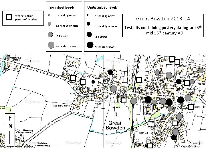 Disturbed levels Test Pit with no pottery of this date N Undisturbed levels 1