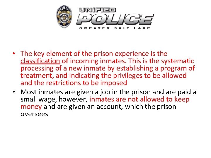  • The key element of the prison experience is the classification of incoming