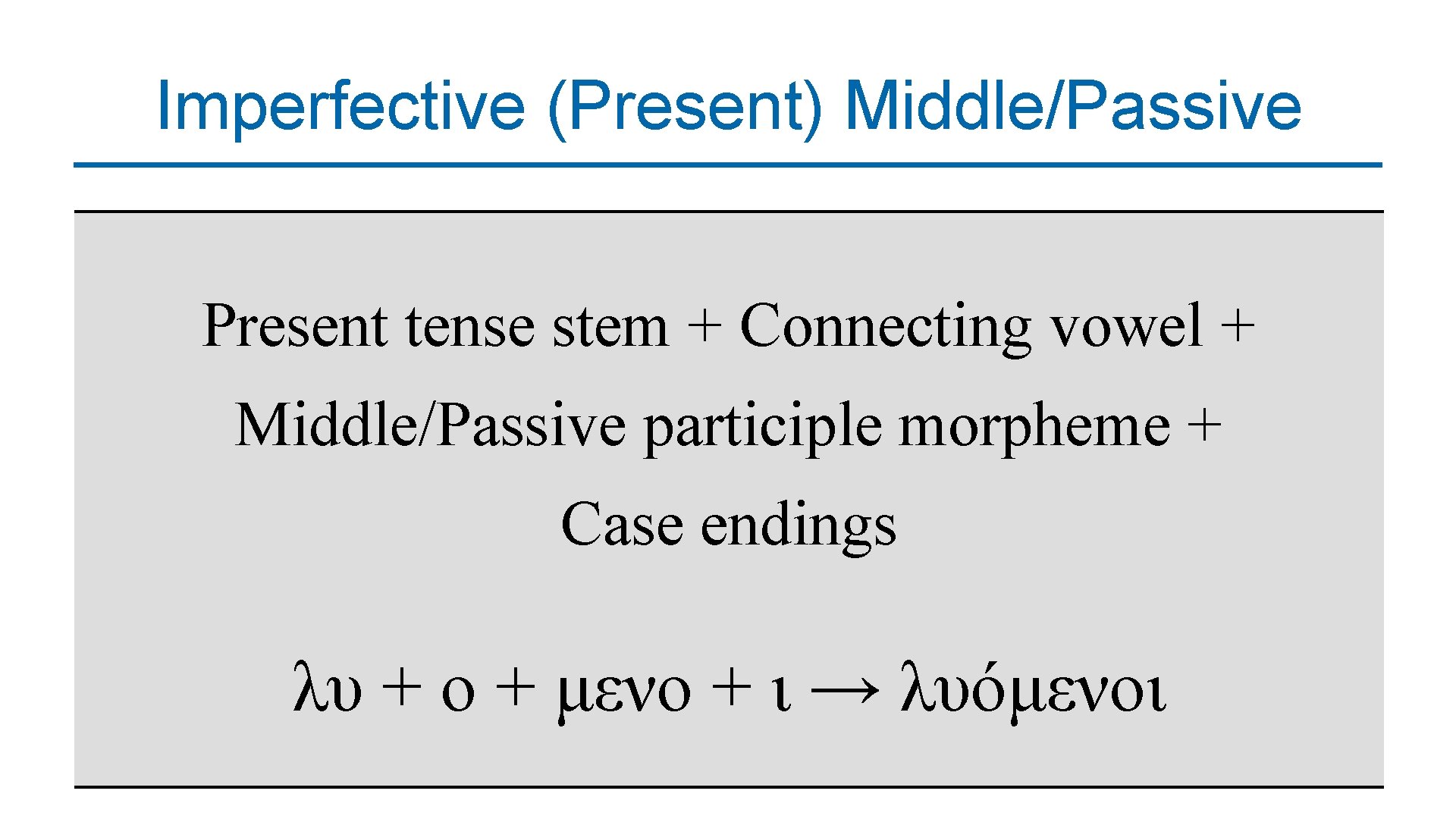 Imperfective (Present) Middle/Passive Present tense stem + Connecting vowel + Middle/Passive participle morpheme +