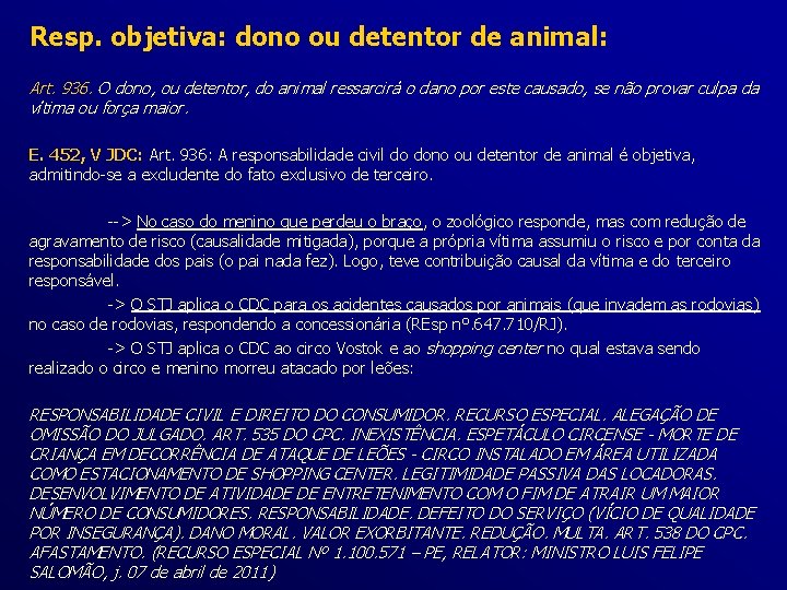 Resp. objetiva: dono ou detentor de animal: Art. 936. O dono, ou detentor, do