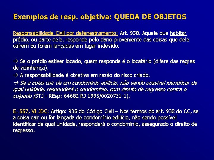 Exemplos de resp. objetiva: QUEDA DE OBJETOS Responsabilidade Civil por defenestramento: Art. 938. Aquele