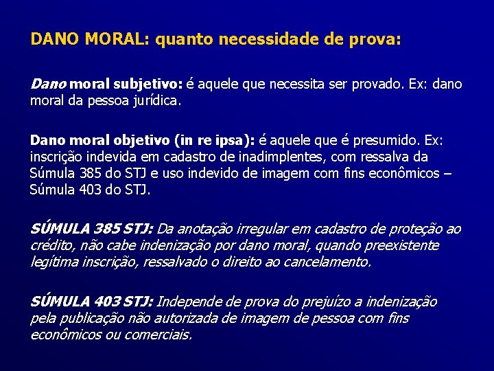 DANO MORAL: quanto necessidade de prova: Dano moral subjetivo: é aquele que necessita ser