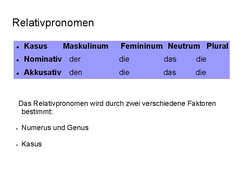 Relativpronomen Kasus Maskulinum Nominativ der die das die Akkusativ die das die den Femininum