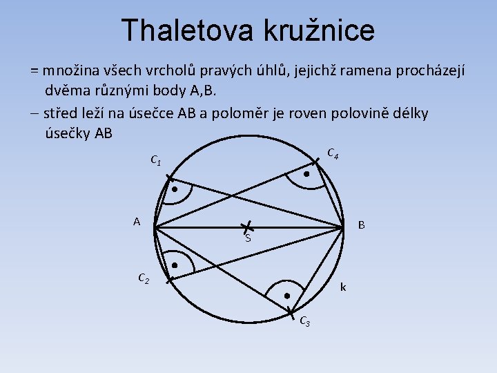 Thaletova kružnice = množina všech vrcholů pravých úhlů, jejichž ramena procházejí dvěma různými body