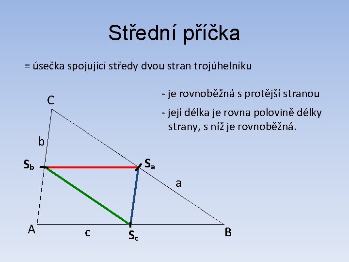 Střední příčka = úsečka spojující středy dvou stran trojúhelníku - je rovnoběžná s protější