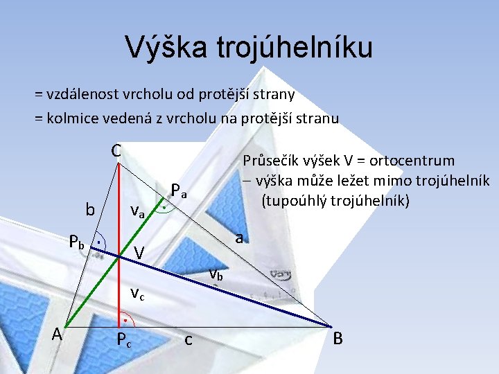 Výška trojúhelníku = vzdálenost vrcholu od protější strany = kolmice vedená z vrcholu na