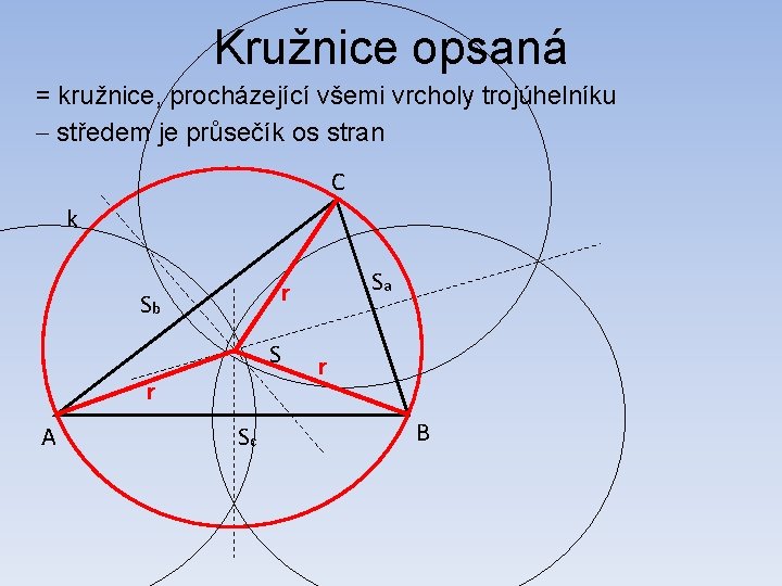 Kružnice opsaná = kružnice, procházející všemi vrcholy trojúhelníku středem je průsečík os stran C