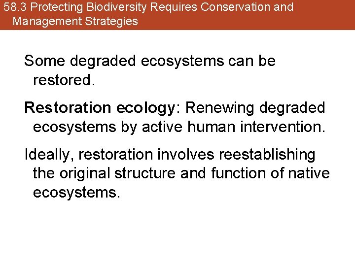 58. 3 Protecting Biodiversity Requires Conservation and Management Strategies Some degraded ecosystems can be
