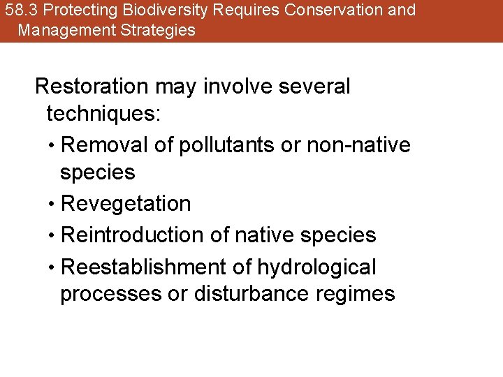 58. 3 Protecting Biodiversity Requires Conservation and Management Strategies Restoration may involve several techniques: