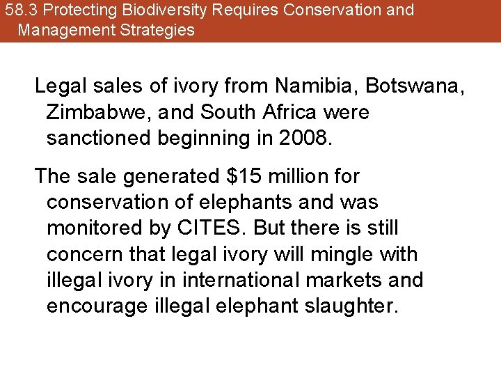 58. 3 Protecting Biodiversity Requires Conservation and Management Strategies Legal sales of ivory from