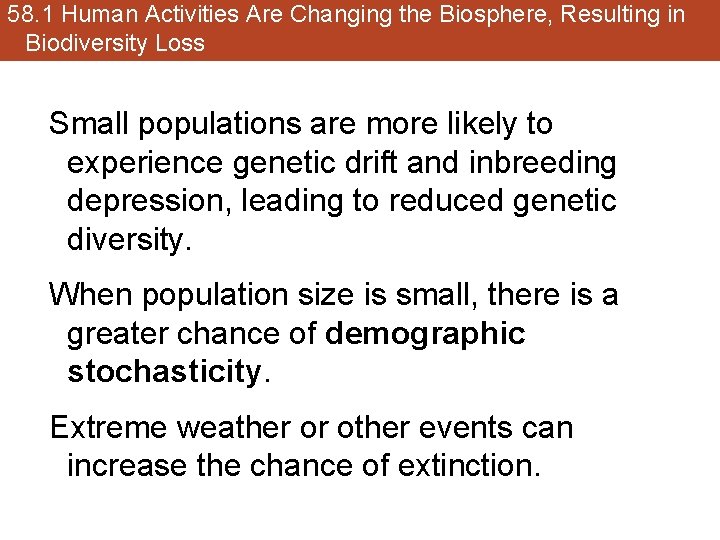 58. 1 Human Activities Are Changing the Biosphere, Resulting in Biodiversity Loss Small populations