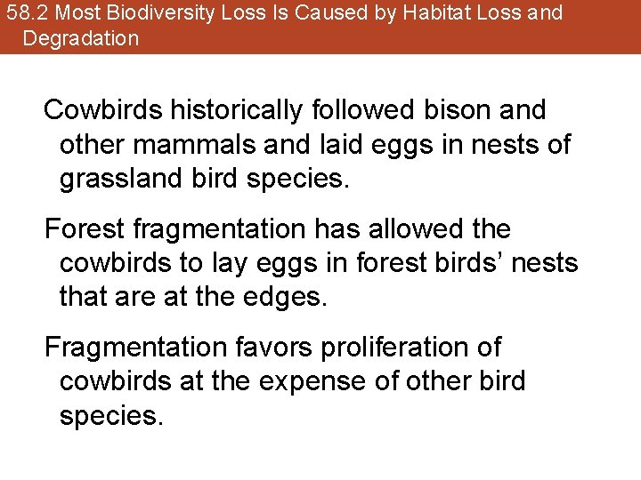 58. 2 Most Biodiversity Loss Is Caused by Habitat Loss and Degradation Cowbirds historically