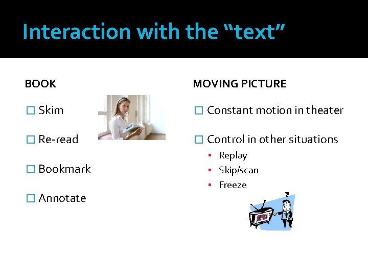 Interaction with the “text” BOOK MOVING PICTURE � Skim � Constant motion in theater