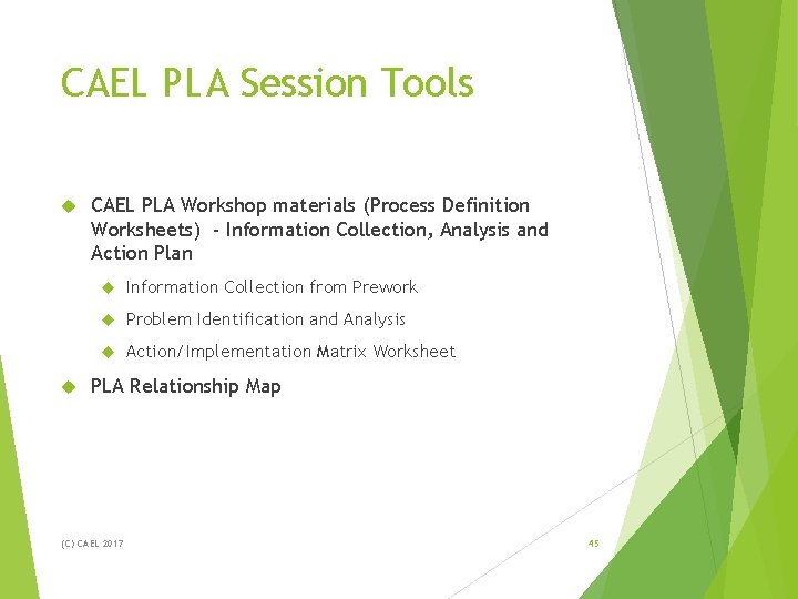 CAEL PLA Session Tools CAEL PLA Workshop materials (Process Definition Worksheets) - Information Collection, CAEL PLA Session Tools CAEL PLA Workshop materials (Process Definition Worksheets) - Information Collection,