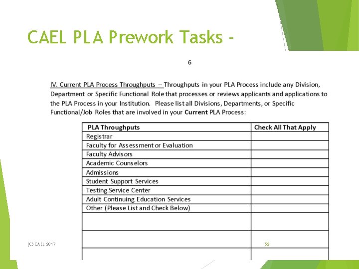 CAEL PLA Prework Tasks Throughputs (C) CAEL 2017 52 CAEL PLA Prework Tasks Throughputs (C) CAEL 2017 52