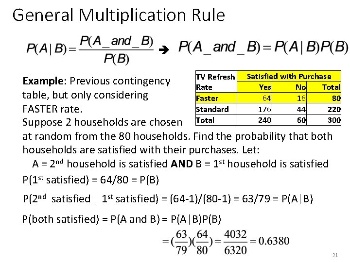 General Multiplication Rule TV Refresh Satisfied with Purchase Example: Previous contingency Yes No Total