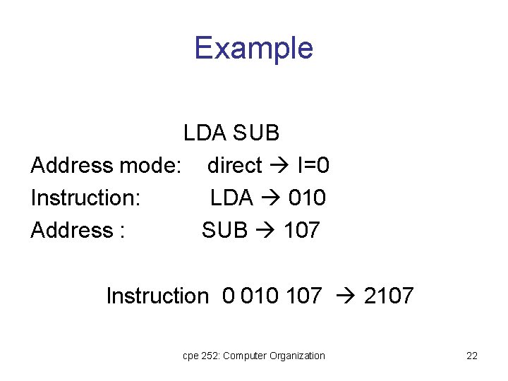 Example LDA SUB Address mode: direct I=0 Instruction: LDA 010 Address : SUB 107