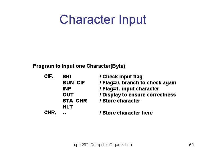 Character Input Program to Input one Character(Byte) CIF, CHR, SKI BUN CIF INP OUT