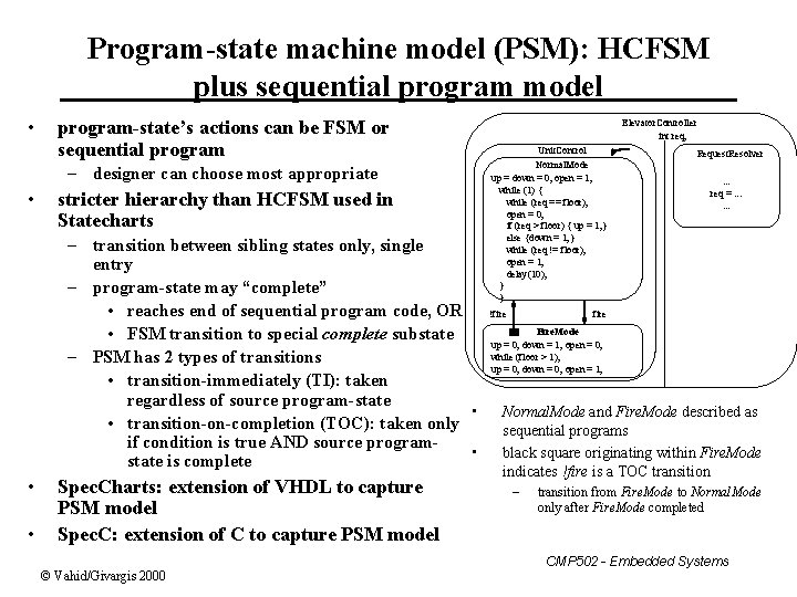 Program-state machine model (PSM): HCFSM plus sequential program model • program-state’s actions can be