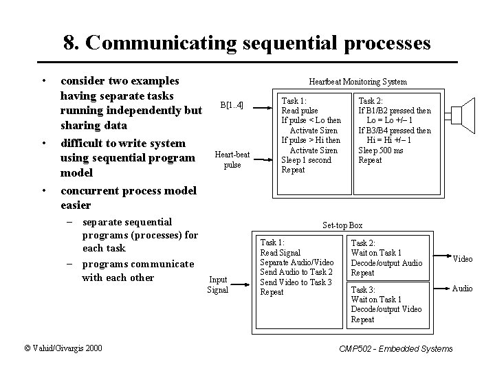 8. Communicating sequential processes • • • consider two examples having separate tasks running