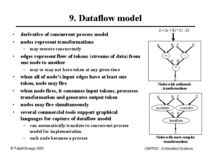 9. Dataflow model • • derivative of concurrent process model nodes represent transformations –