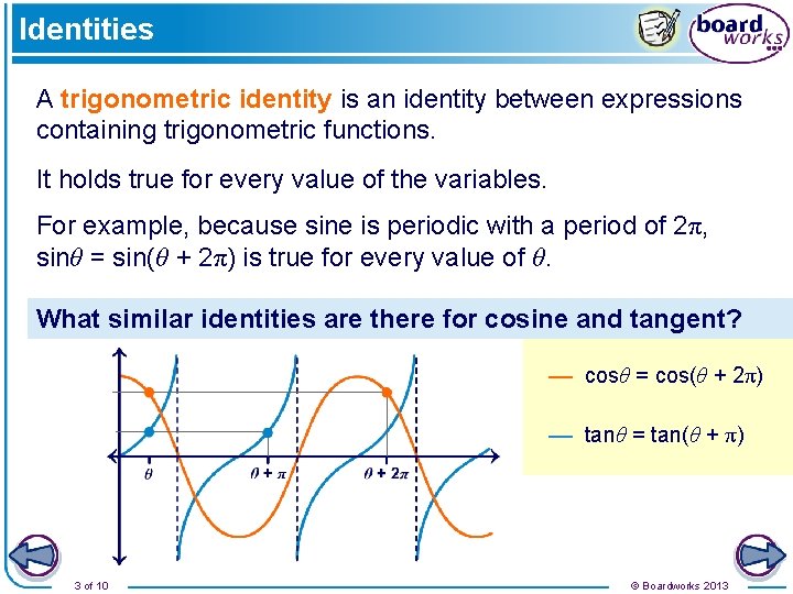 Identities A trigonometric identity is an identity between expressions containing trigonometric functions. It holds