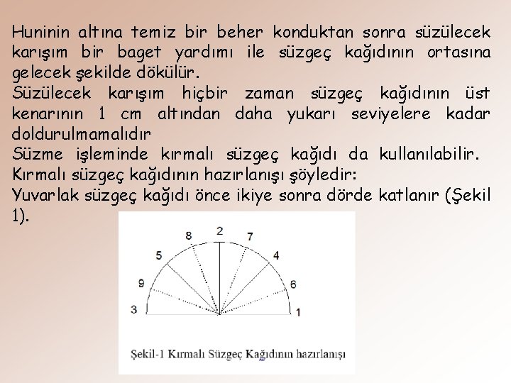 Huninin altına temiz bir beher konduktan sonra süzülecek karışım bir baget yardımı ile süzgeç