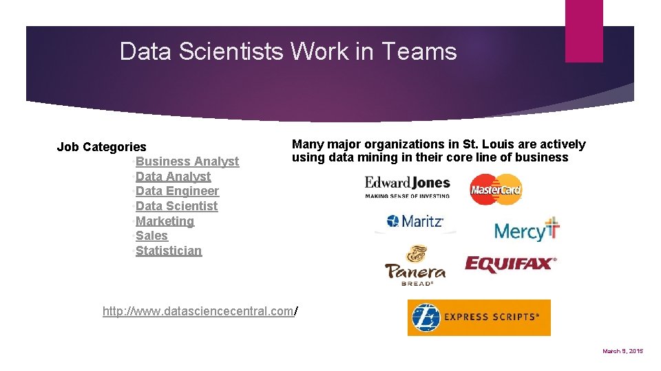 Data Scientists Work in Teams Job Categories • Business Analyst • Data Engineer •