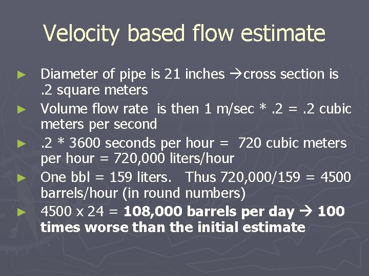 Velocity based flow estimate ► ► ► Diameter of pipe is 21 inches cross