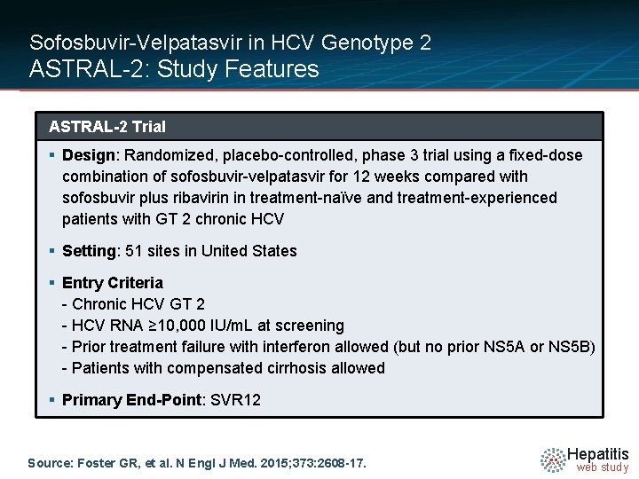 Sofosbuvir-Velpatasvir in HCV Genotype 2 ASTRAL-2: Study Features ASTRAL-2 Trial § Design: Randomized, placebo-controlled,