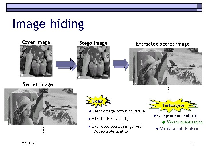 Image hiding Cover image Stego image Extracted secret image Secret image Goals ● Stego-image
