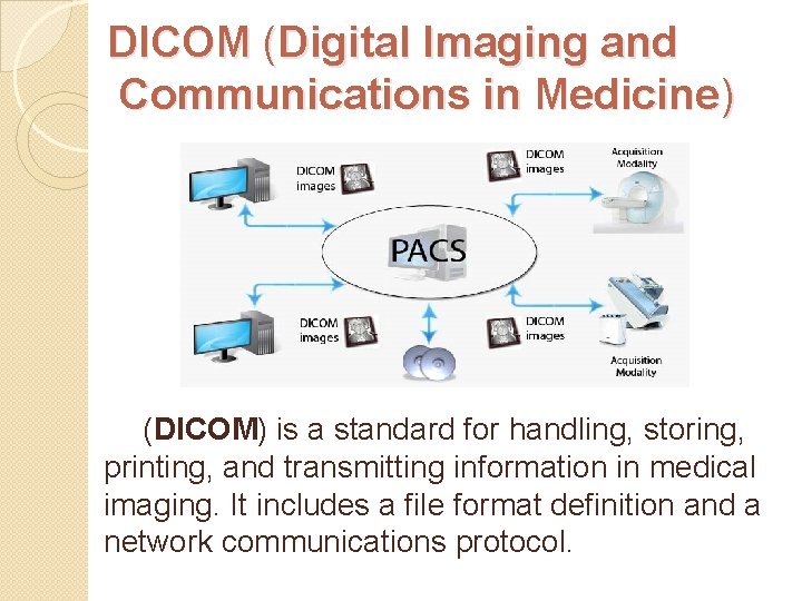 DICOM (Digital Imaging and Communications in Medicine) (DICOM) is a standard for handling, storing,