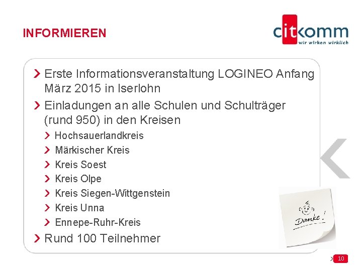 INFORMIEREN Erste Informationsveranstaltung LOGINEO Anfang März 2015 in Iserlohn Einladungen an alle Schulen und