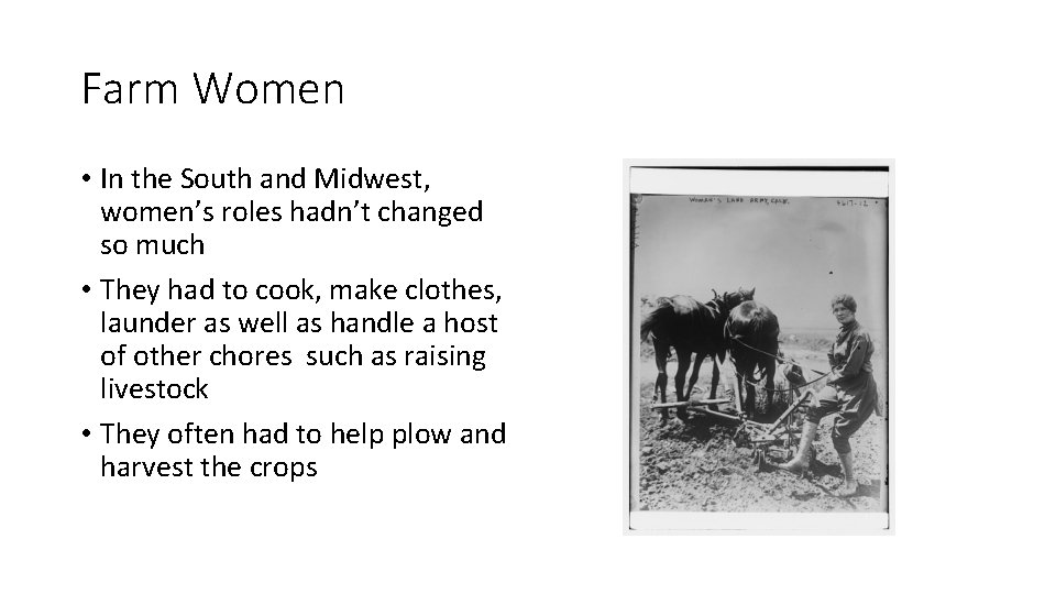 Farm Women • In the South and Midwest, women’s roles hadn’t changed so much