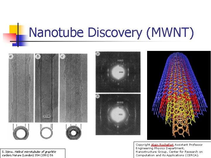 Nanotube Discovery (MWNT) S. Iijima, Helical microtubules of graphitic carbon, Nature (London) 354 (1991)