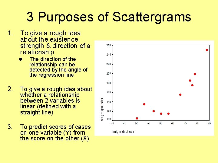 3 Purposes of Scattergrams 1. To give a rough idea about the existence, strength