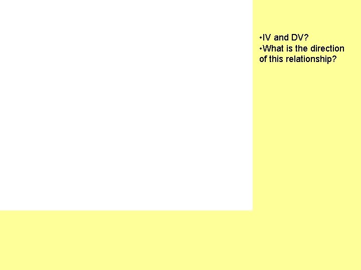  • IV and DV? • What is the direction of this relationship? 