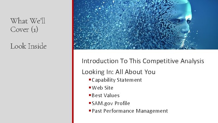 What We’ll Cover (1) Look Inside Introduction To This Competitive Analysis Looking In: All