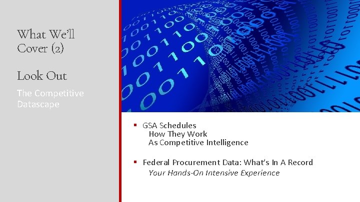 What We’ll Cover (2) Look Out The Competitive Datascape § GSA Schedules How They