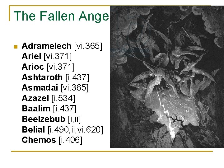 The Fallen Angels n Adramelech [vi. 365] Ariel [vi. 371] Arioc [vi. 371] Ashtaroth