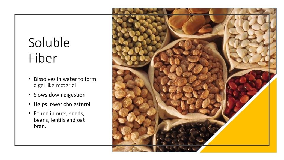 Soluble Fiber • Dissolves in water to form a gel like material • Slows