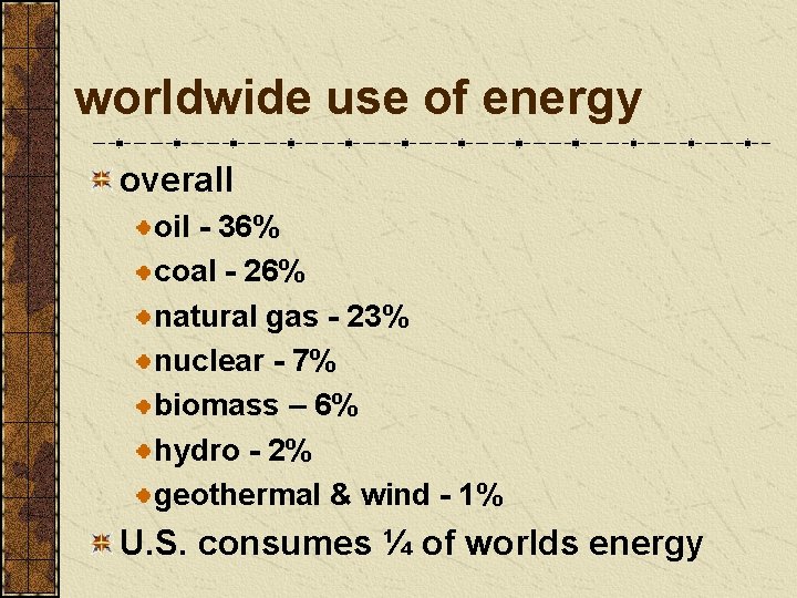 worldwide use of energy overall oil - 36% coal - 26% natural gas -