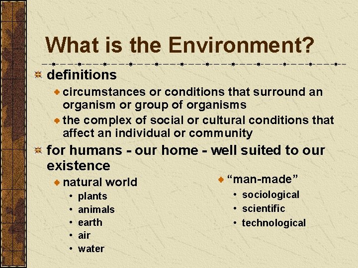 What is the Environment? definitions circumstances or conditions that surround an organism or group