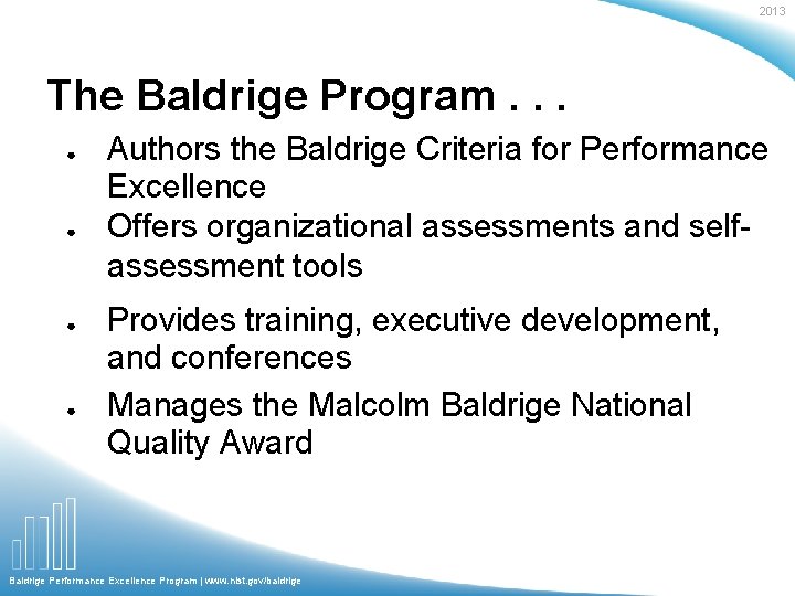 2013 The Baldrige Program. . . ● ● Authors the Baldrige Criteria for Performance