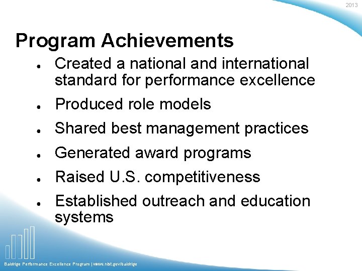 2013 Program Achievements ● Created a national and international standard for performance excellence ●