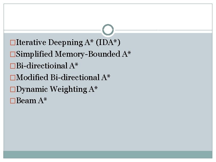 �Iterative Deepning A* (IDA*) �Simplified Memory-Bounded A* �Bi-directioinal A* �Modified Bi-directional A* �Dynamic Weighting