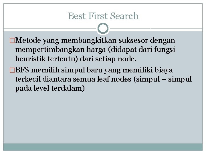 Best First Search �Metode yang membangkitkan suksesor dengan mempertimbangkan harga (didapat dari fungsi heuristik