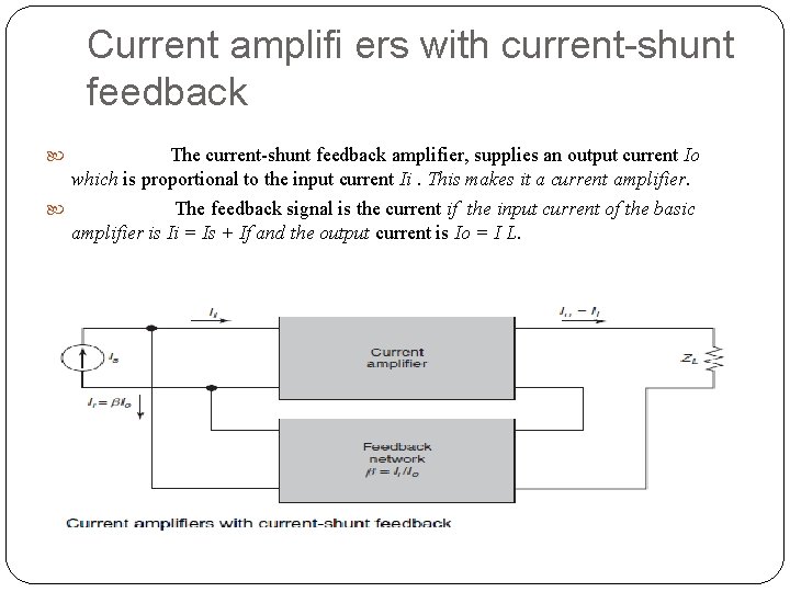 Current amplifi ers with current-shunt feedback The current-shunt feedback amplifier, supplies an output current