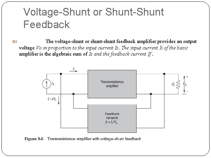 Voltage-Shunt or Shunt-Shunt Feedback The voltage-shunt or shunt-shunt feedback amplifier provides an output voltage